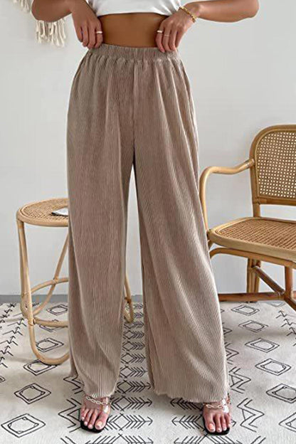 Casual Solid Color Elastic Waist Wide Leg Long Pants