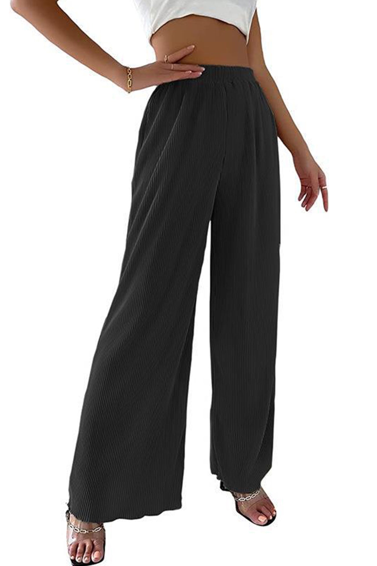 Casual Solid Color Elastic Waist Wide Leg Long Pants