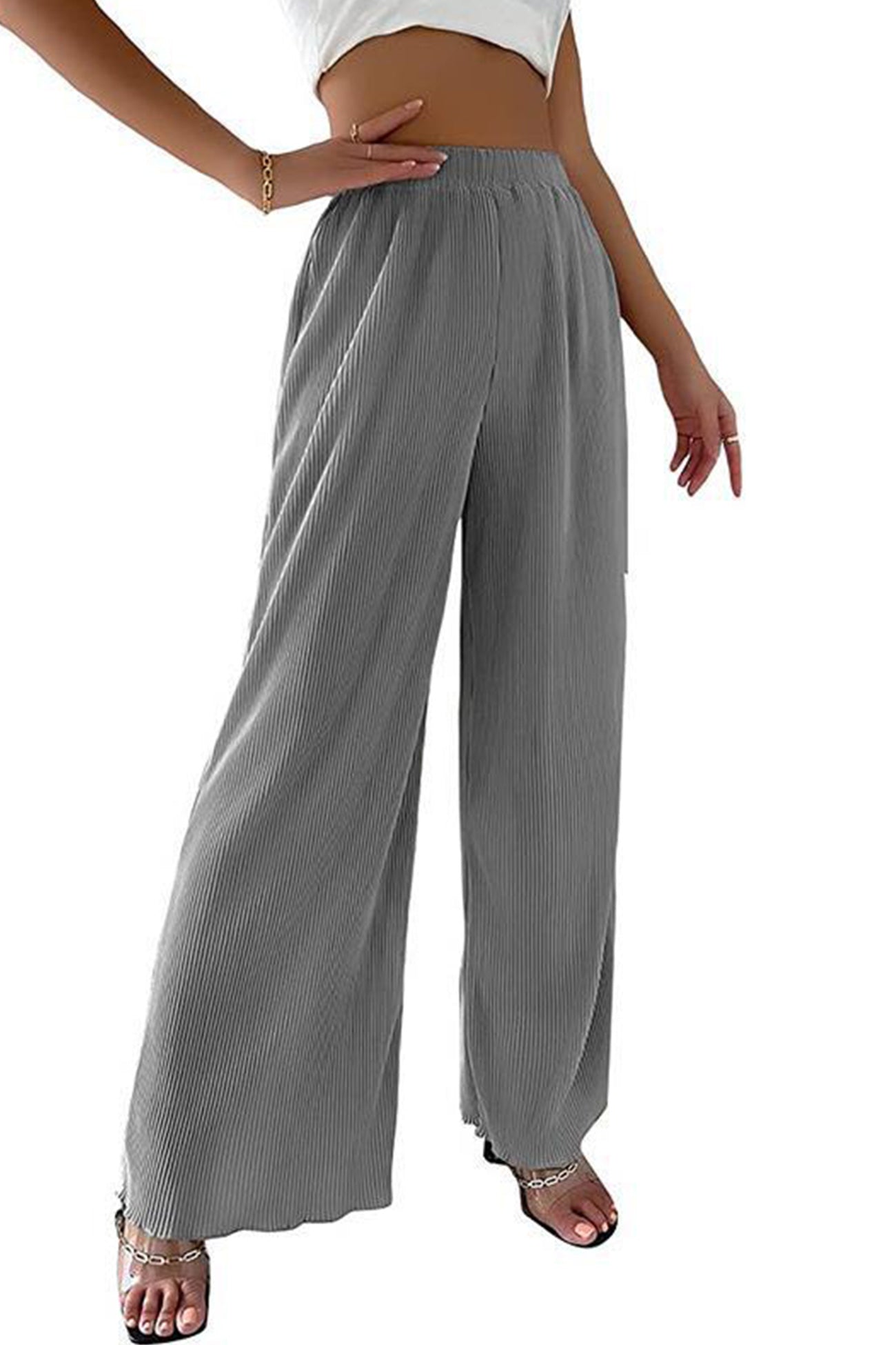 Casual Solid Color Elastic Waist Wide Leg Long Pants