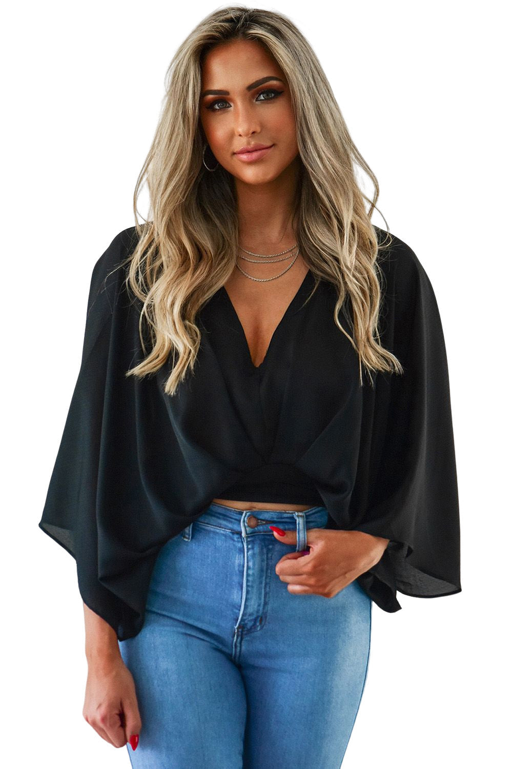 Black V Neck Flared Sleeves Crop Top