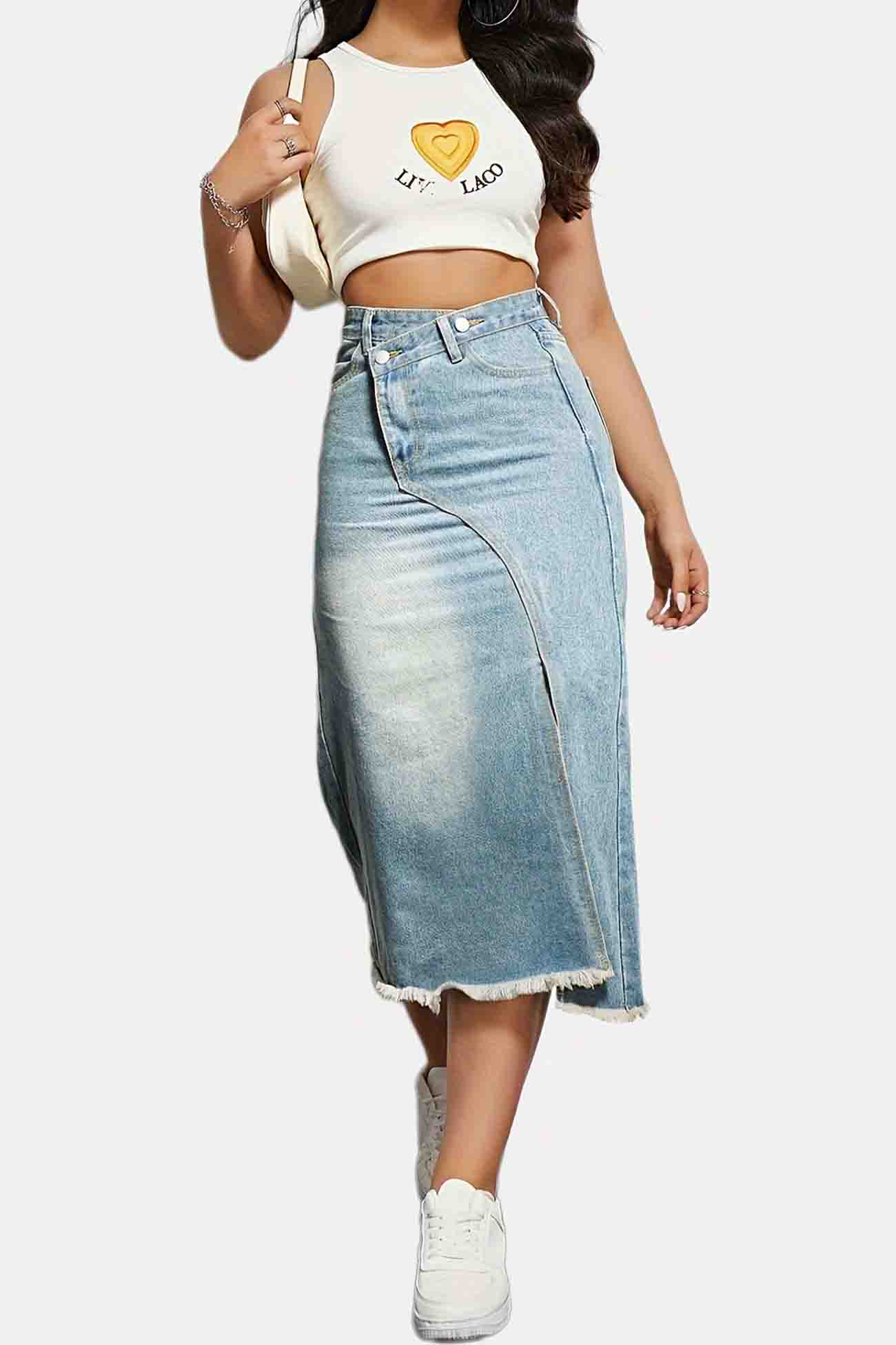 Irregular Front Slit Denim Midi Skirt