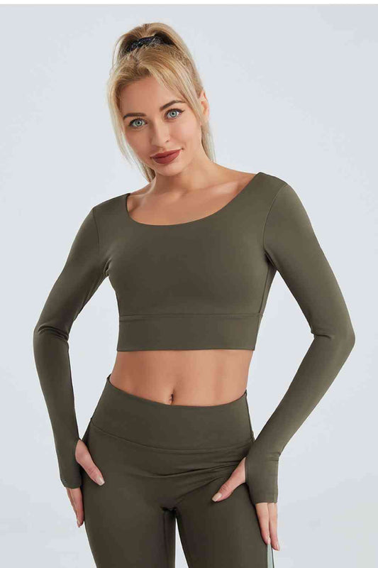 Crisscross Cropped Sports Top Army Green activewear clothes crop top croptop J@S long sleeve long sleeve shirts long sleeve top Ship From Overseas