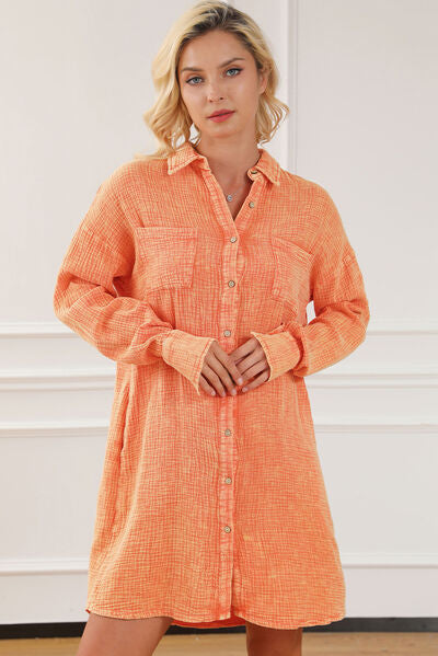 Button Up Collared Neck Dress Pumpkin casual dresses clothes dress dresses long sleeve dresses Ship From Overseas short dresses SYNZ