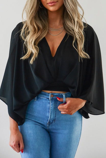 Black V Neck Flared Sleeves Crop Top Black 100%Polyester clothes crop top crop tops cropped cropped top croptop long sleeve top Occasion Daily Print Solid Color Season Summer shirt shirts top tops