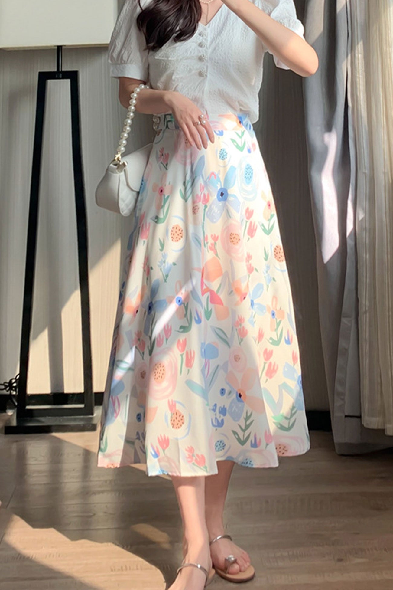 High Waist Fresh Floral Print Midi Skirt