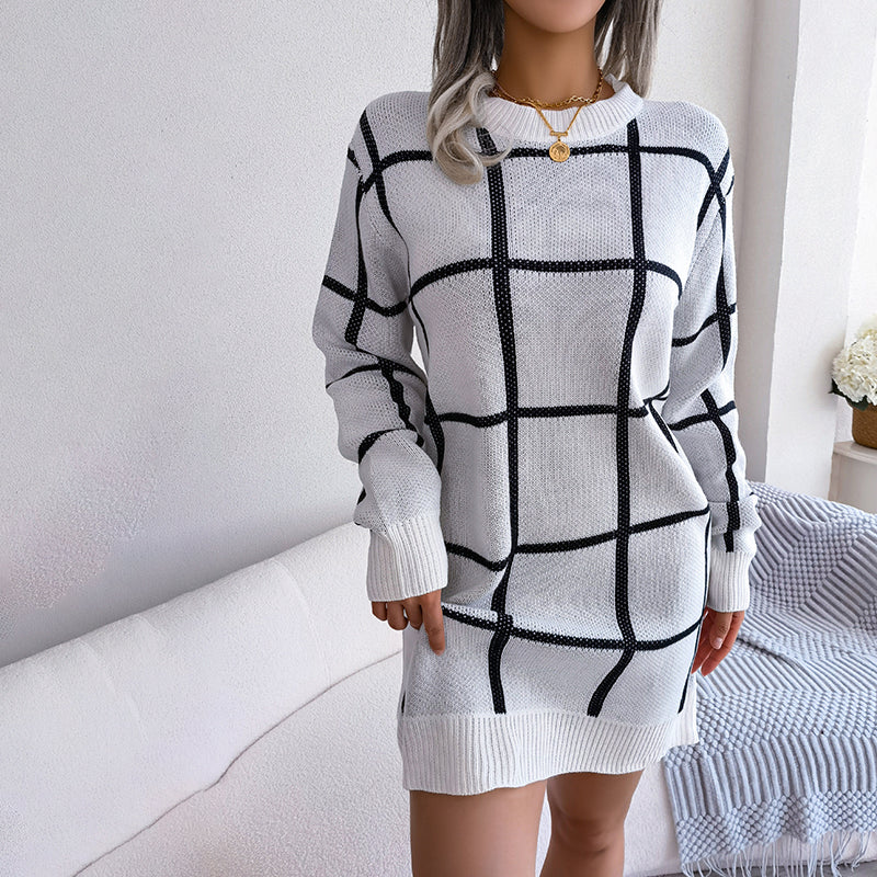 Casual Plaid Knit Dress White best Best Sellings casual dresses clothes Sale short dresses Topseller