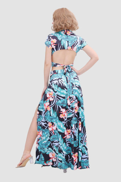 V-neck Printed Waist-revealing Two-piece Dress