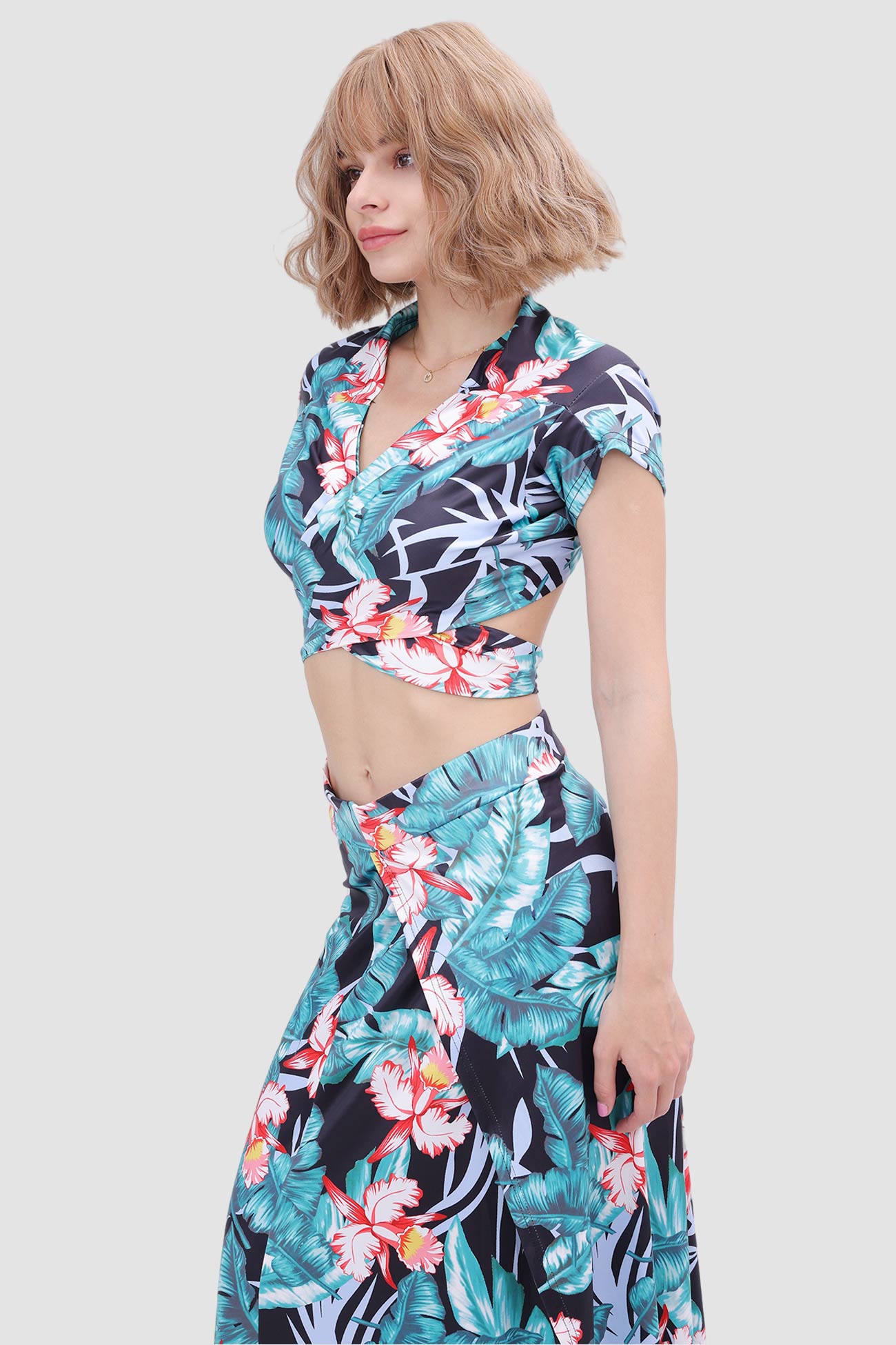 V-neck Printed Waist-revealing Two-piece Dress