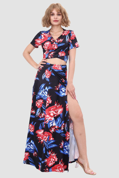 V-neck Printed Waist-revealing Two-piece Dress