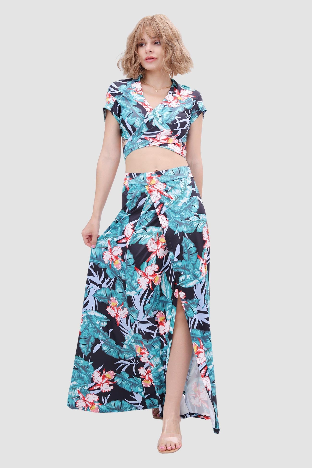 V-neck Printed Waist-revealing Two-piece Dress