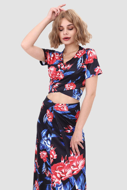 V-neck Printed Waist-revealing Two-piece Dress