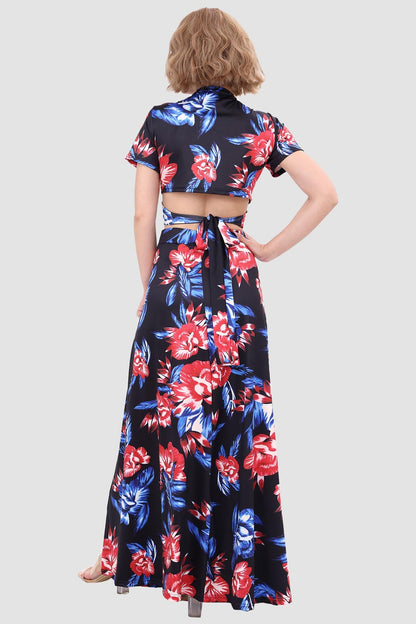 V-neck Printed Waist-revealing Two-piece Dress