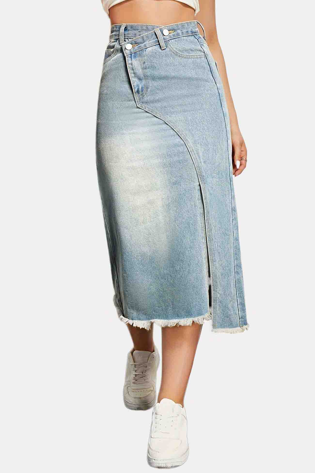 Irregular Front Slit Denim Midi Skirt