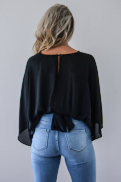 Black V Neck Flared Sleeves Crop Top