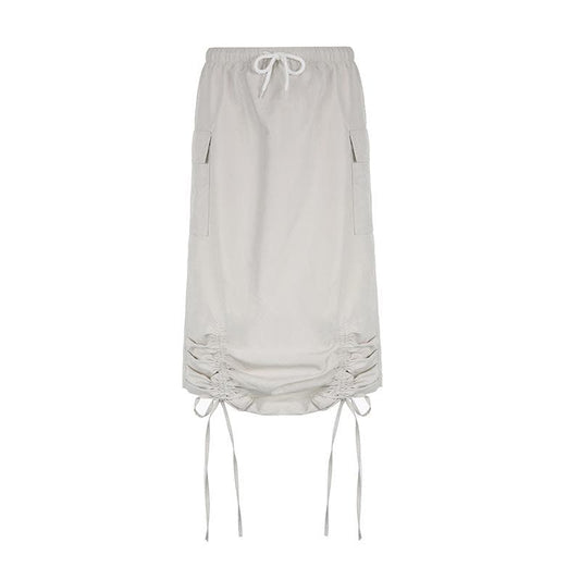 Drawstring solid lace up high rise cargo pocket mini skirt